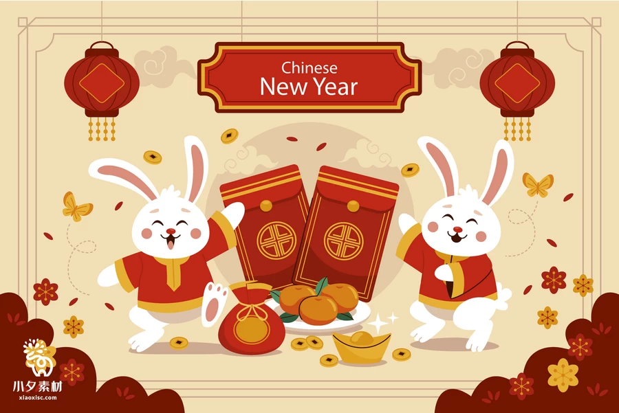 2023兔年新年快乐春节节日宣传图案插画海报BANNER模板AI矢量素材【011】